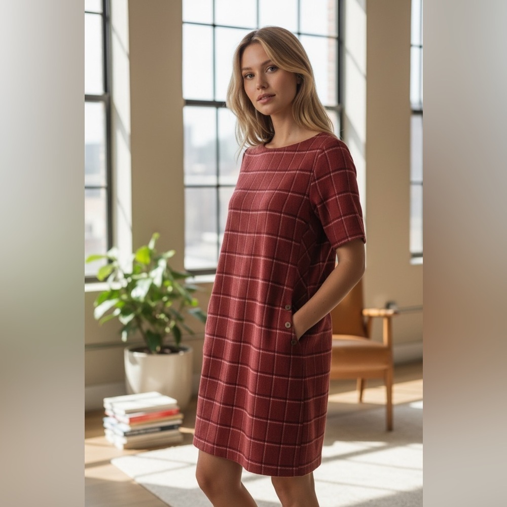 J. Jill Brick Red Plaid Midi Dress with button accents